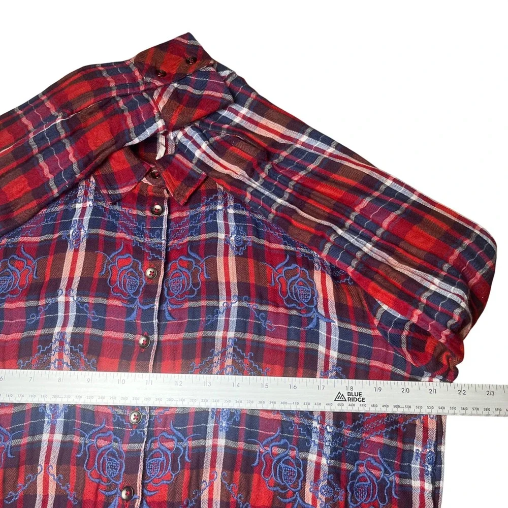 Free People Button Down Shirt Womens Small Red Plaid Floral Embroidered Boho